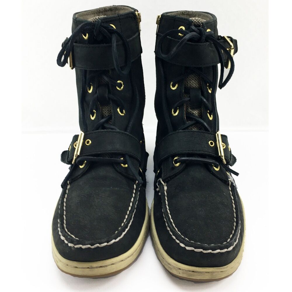 Sperry Top-Sider Ankle Boots Women's 8 Black Suede Lace Up Side Zip Huntley